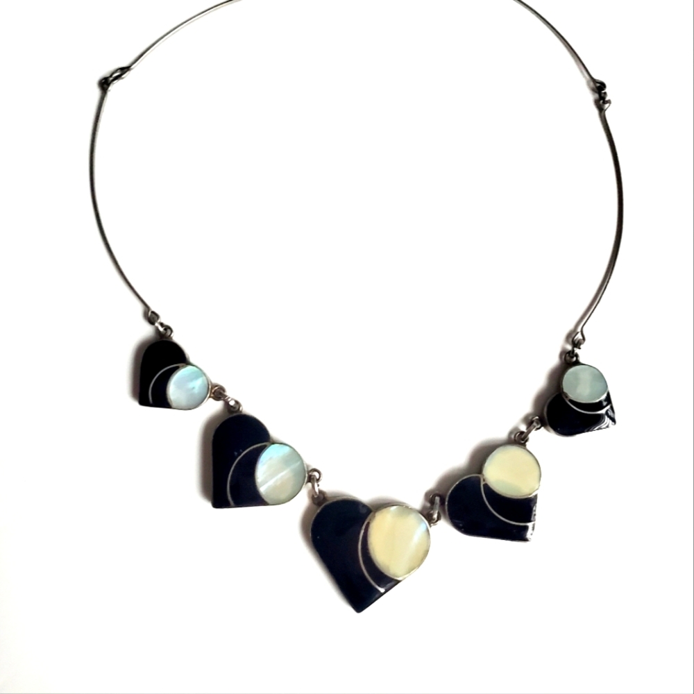 Vintage Graduated Slider Heart Charms Statement Necklace Black Enamel MOP Inlay